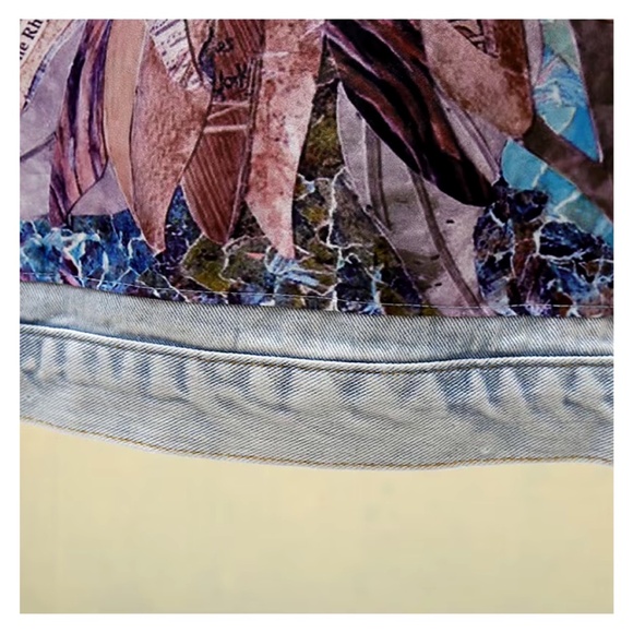 Boho Floral Print Beaded Distressed Denim Jean Jacket - Picture 4 of 10